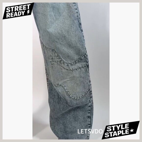 Wide Leg Barrel Jeans High Waisted Stretchy Denim Patchwork Cargo Pants - Picture 7 of 7